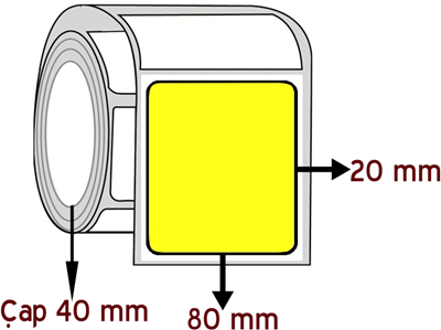 Sarı Renkli 80 mm x 20 mm ÇAP 40 mm Barkod Etiketi ( 10 Rulodur )